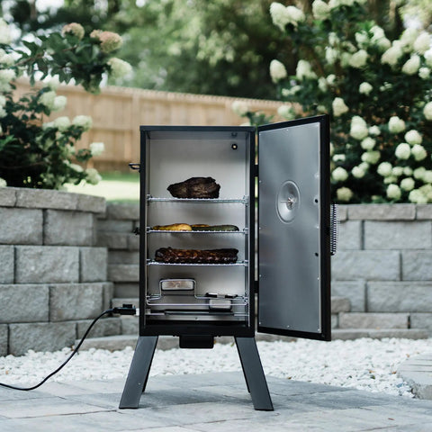Electric Vertical BBQ Smoker With Analog Temperature Control 30 Inch Black Unit with open door showing chrome smoking racks