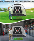 Backyard Golf Practice Net 10x7 Ft With Practice Mat setup outdoors and indoors for driving, chipping, and swing training.