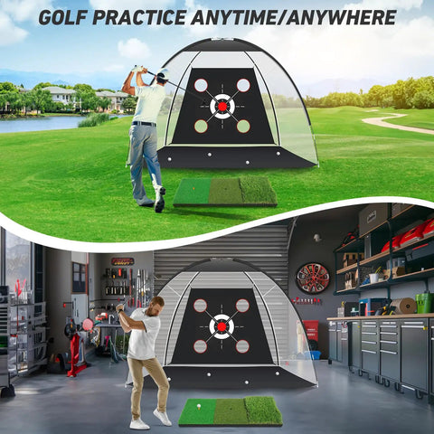 Backyard Golf Practice Net 10x7 Ft With Practice Mat setup outdoors and indoors for driving, chipping, and swing training.