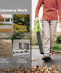 Person using Cordless Leaf Blower With Dual Batteries And Charger 130 MPH 180 CFM High Speed Air Lightweight 20V Electric Handheld Blower