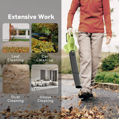 Person using Cordless Leaf Blower With Dual Batteries And Charger 130 MPH 180 CFM High Speed Air Lightweight 20V Electric Handheld Blower