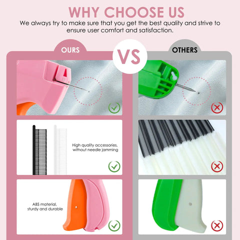 Comparison between pink handheld stitch gun with invisible 5mm needle and green model, highlighting benefits of the first.