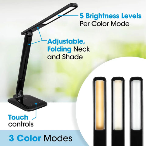 Slimline 13W LED Desk Lamp White For Home Office Bedroom And Reading Space Saving Foldable Arm Crisp Adjustable Angles And Lit Task Lighting For Any Desk with 3 color modes and touch controls.