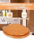 Wood Veneer Round Toilet Seat With Quiet Close Easy Clean Surface Quick Release Hinges Natural Finish Durable Comfy Easy Install Anti Slip Fits All American Toilet Brands showing molded wood material with 400 lbs max weight.