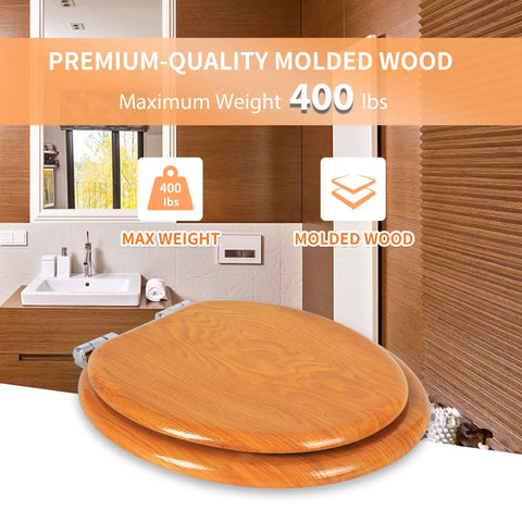 Wood Veneer Round Toilet Seat With Quiet Close Easy Clean Surface Quick Release Hinges Natural Finish Durable Comfy Easy Install Anti Slip Fits All American Toilet Brands showing molded wood material with 400 lbs max weight.
