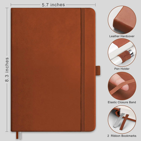 Everyday Carry Graph Grid Paper Notebook In A5 Size With Leather Hardcover, 192 Pages, 100 GSM Thick Paper, Brown, Pen Holder, Elastic Closure