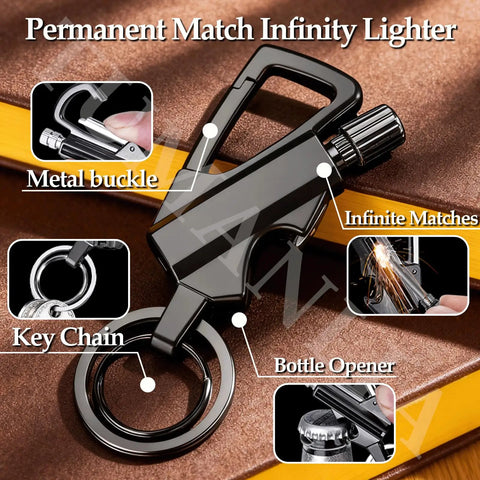 All In One Infinity Permanent Match Lighter With Keychain And Bottle Opener Windproof Waterproof Reusable Fire Starter