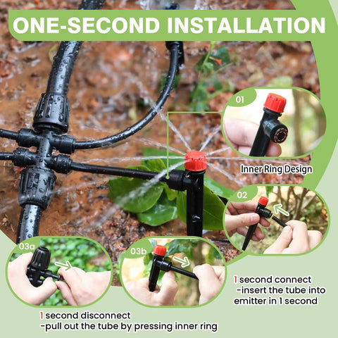 One-second installation of 240Ft Drip Irrigation Kit showing quick connect plug and play system in greenhouse or garden