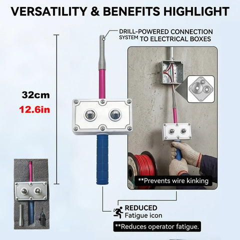 Heavy Duty Handheld Drill Powered Wire Puller shows aluminum alloy design, 32cm size, for efficient electrical cable pulling.