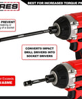 Impact Grade Socket Adapter Set With 3 Inch And 6 Inch Extensions Converts Your Impact Drill Into A High Speed Socket Driver No Fuss For One Quarter Inch Three Eighths Inch And One Half Inch Drive Sizes shown with red impact drills