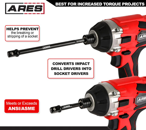 Impact Grade Socket Adapter Set With 3 Inch And 6 Inch Extensions Converts Your Impact Drill Into A High Speed Socket Driver No Fuss For One Quarter Inch Three Eighths Inch And One Half Inch Drive Sizes shown with red impact drills