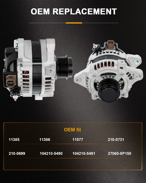 Front and side view of 100 Amp High Output Alternator Replacement For Toyota Corolla 2009-2013 And Matrix 2009-2010 1.8L Pontiac Vibe.