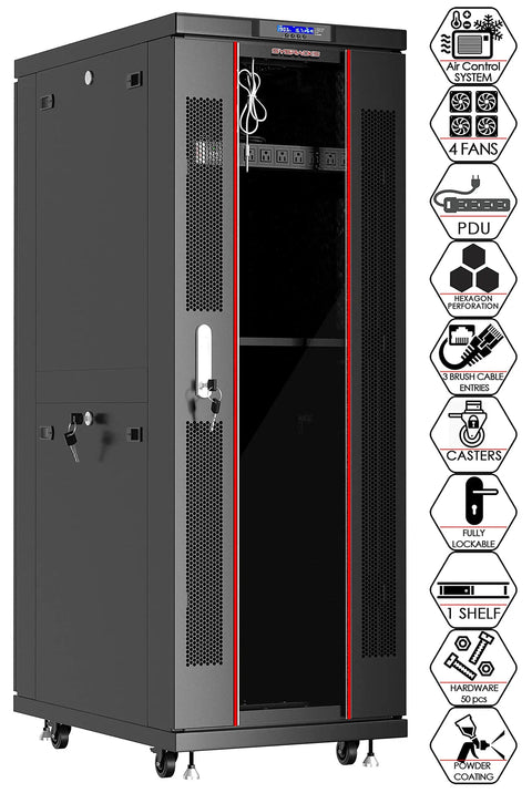 Beefy 32U 19 Inch Server Rack Cabinet With Locking Glass Door, floor-standing design with cooling fans, casters, and PDU visible