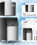 Boss Level Bulk Ice Maker Machine With 450 Lbs Per Day Capacity And 250 Lbs Storage, dimensions and accessory boxes shown