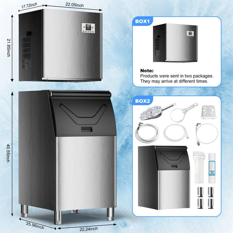 Boss Level Bulk Ice Maker Machine With 450 Lbs Per Day Capacity And 250 Lbs Storage, dimensions and accessory boxes shown