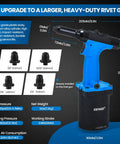 Heavy-Duty Pneumatic Rivet Gun Air Pop Riveter Kit with blue plastic body and aluminum alloy cylinder for versatile riveting.