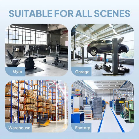 Gym, garage, warehouse, and factory scenes highlighting suitability of Heavy Duty 20 Inch High Velocity Floor Fan With Metal Build.