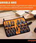 Front view of Jorgensen 14-piece spade drill bit set in orange roll-up pouch; carbon steel paddle bits 1/4"–1-1/2"