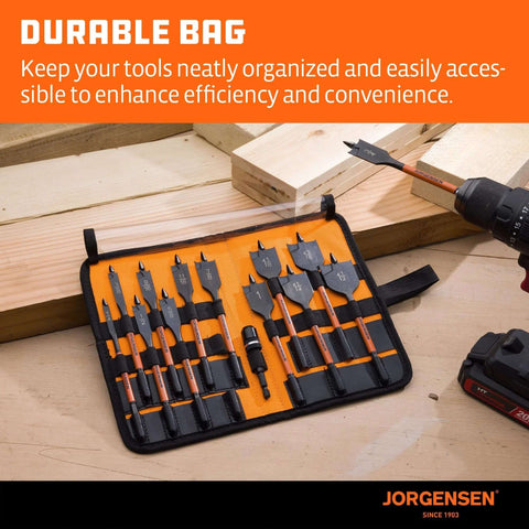 Front view of Jorgensen 14-piece spade drill bit set in orange roll-up pouch; carbon steel paddle bits 1/4"–1-1/2"