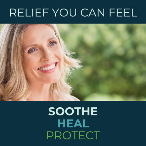 Smiling woman with text 'Relief You Can Feel, Soothe Heal Protect' promoting Tea Tree Oil Eyelid And Lash Wipes With Hyaluronic Acid For Blepharitis.