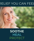 NOVEHA eyelid and lash wipes banner; smiling woman outdoors with blue header RELIEF YOU CAN FEEL.