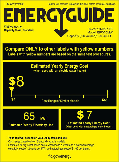 BLACK+DECKER portable washer energy guide label; yellow background with black text.