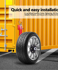 Heavy Duty Shipping Container Wheels Kit With 8800 Pound Axle And Secure Ratchet Straps For Smooth Sailin 20 Foot And 40 Foot Mobile Rig showing 6-lug wheel installation and secure mounting.