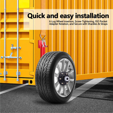 Heavy Duty Shipping Container Wheels Kit With 8800 Pound Axle And Secure Ratchet Straps For Smooth Sailin 20 Foot And 40 Foot Mobile Rig showing 6-lug wheel installation and secure mounting.