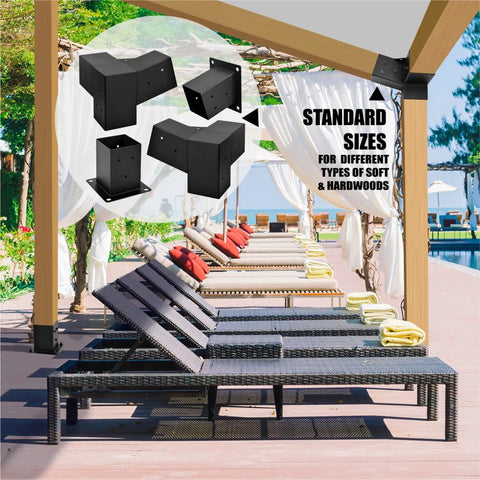 Heavy Duty Pergola Bracket Set With 15 Degree 3-Way Slanted Roof, Wall Mount Extension 4x4 Inches, displayed in outdoor setting