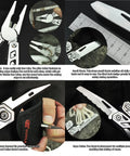 12-in-1 Folding Multitool Pliers With Pipe Grip showing small blade, plier head, and rope cutter in stainless steel build, with measurements.