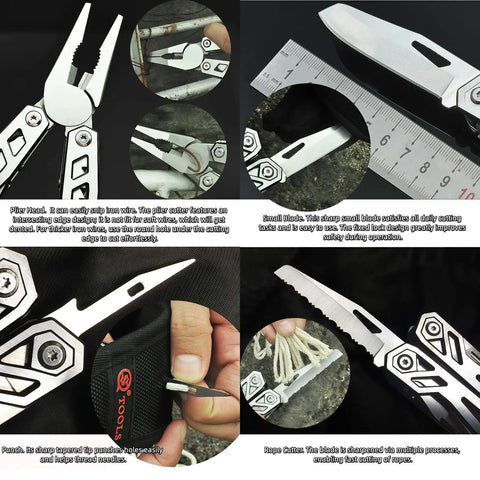 12-in-1 Folding Multitool Pliers With Pipe Grip showing small blade, plier head, and rope cutter in stainless steel build, with measurements.