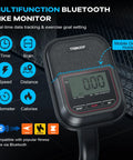 Multifunction Bluetooth monitor on Indoor Upright Air Resistance Fan Bike With Bluetooth, viewing real-time data and metrics.