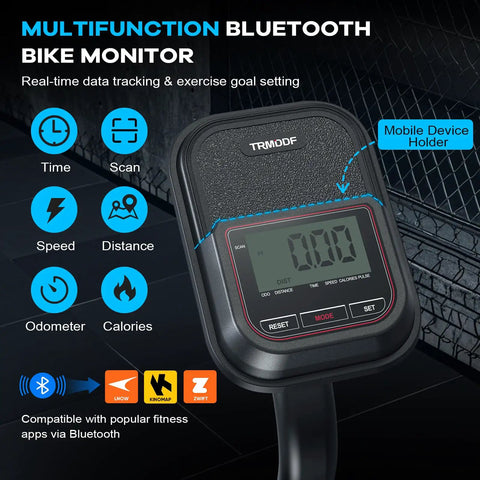 Multifunction Bluetooth monitor on Indoor Upright Air Resistance Fan Bike With Bluetooth, viewing real-time data and metrics.