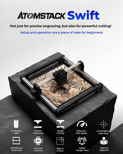 Swift Laser Engraver For Beginners, The Go-To 7000mW High Power Laser Cutter with 300x300mm working area and Class 4 Safety.
