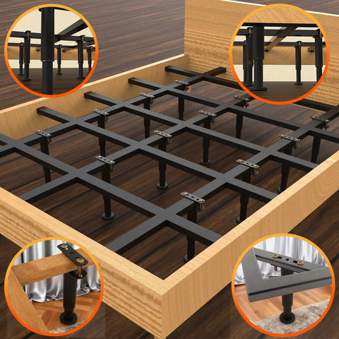 Top Shelf Four Pack Adjustable Bed Support Legs With Hefty Carbon Steel Replacement Frame Feet featuring silent rubber pads under bed frame.