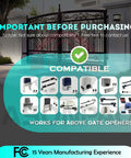 2 Pack LM123 And 2LM123 Gate Opener Remote 43392MHz compatibility chart for various gate opener models with FCC certification