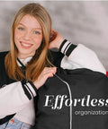 Smiling person holding Heavy Duty Nylon Laundry Bag With Locking Drawstring, Large 30x40 Inch Capacity, black color, text "Effortless organization".