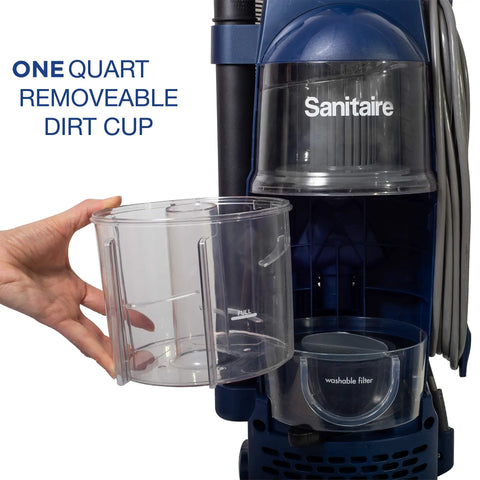 Straight Up Pro Bagless Upright Vacuum For Light Commercial Spaces That Crushes Floor Grime Featuring A Quick Dump Dirt Cup and one quart removable dirt cup.