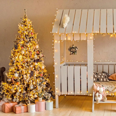 Cozy Christmas scene with 66ft 200 LED String Lights 66 Ft Connectable Warm White Cozy Glow Christmas Fairy Lights Indoor Outdoor Plug In