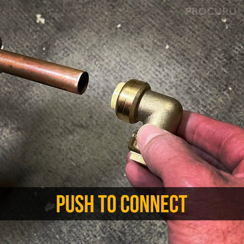 Close-up of 10 Pack Push-To-Connect 3/4 Inch Brass 90 Degree Elbow Plumbing Fitting with copper pipe for quick installation