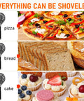 Image showcasing a perforated pizza peel with long handle transferring pizza, bread, and cake, highlighting its versatility.