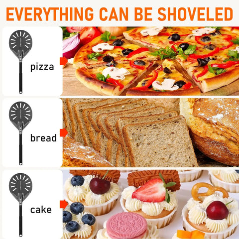 Image showcasing a perforated pizza peel with long handle transferring pizza, bread, and cake, highlighting its versatility.