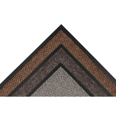 Corner view of carpeted indoor entrance mat 3 ft by 4 ft charcoal for home or biz durable floor protector that traps dirt and moisture.
