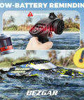 High Speed Remote Control Boat For Lakes And Pools With Portable Carry Case low battery indicator with remote and RC boat in water.