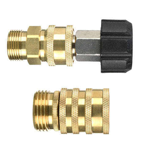 Brass pressure washer adapters with knurled grip and black end, M22 to 3/8 in QC and 3/4 in QC, 9-pack