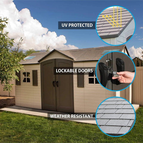 15 By 8 Ft Dual Entry Outdoor Storage Shed With HDPE Dual Wall Construction Steel Reinforced Frame UV Protected in Desert Sand