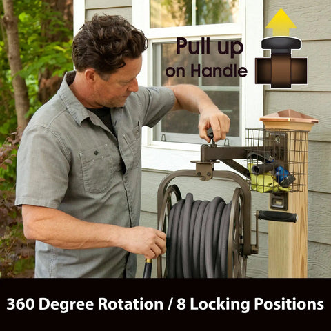 Man using Single Arm Garden Hose Reel With 360 Degree Rotation Holds 125 Feet Of Five Eighths Inch Hose 18 Gauge Steel With Weatherproof Bronze Powder Coat Built In Tool Tray And 90 Degree Pivot For Easy Unwinding