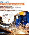 Pro TIG Gas Lens Glass Cup Kit for WP17 WP18 WP26 Torch, high heat glass cup displayed with welding sparks background