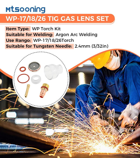 Pro TIG Gas Lens Glass Cup Kit for WP17 WP18 WP26 Torch, high heat glass cup displayed with welding sparks background