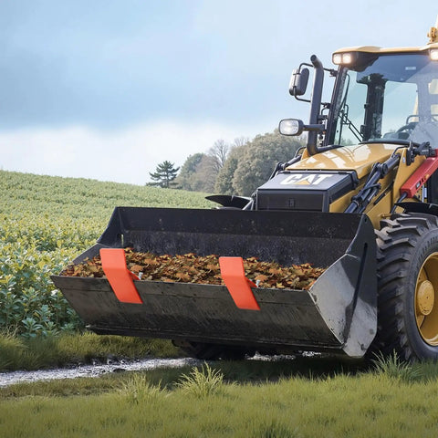 Tractor with Beefy Tractor Bucket Edge Protector Set Heavy Duty Steel Guards in orange during leaf cleanup in a field
